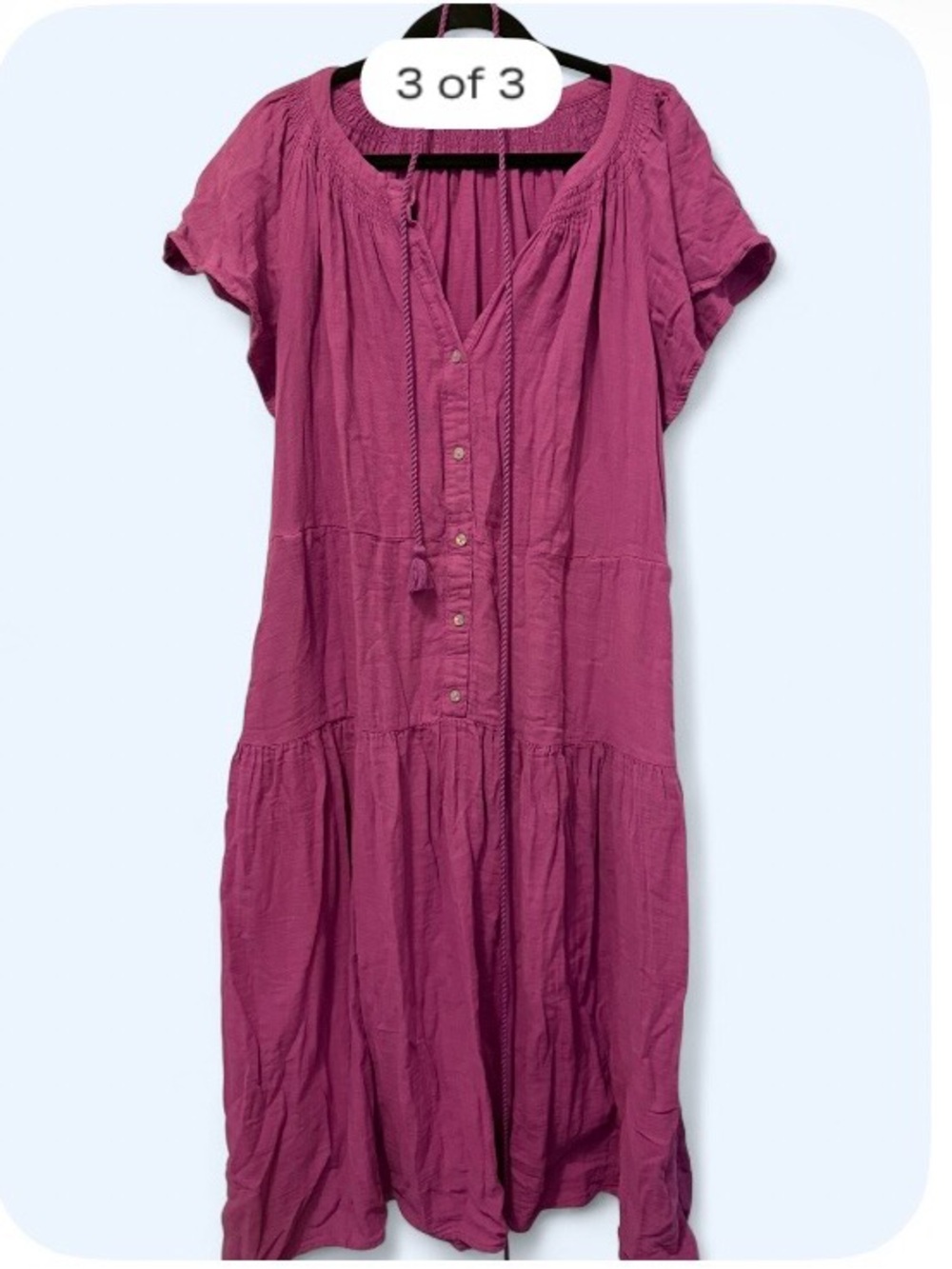 Relaxed Button-Front Midi Dress in Deep Pink crinkle cotton